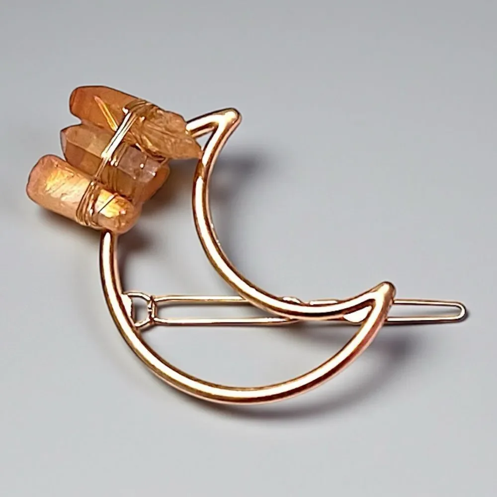 Handmade Genuine Aura Coated Gold Quartz Crescent Moon Hair Clip